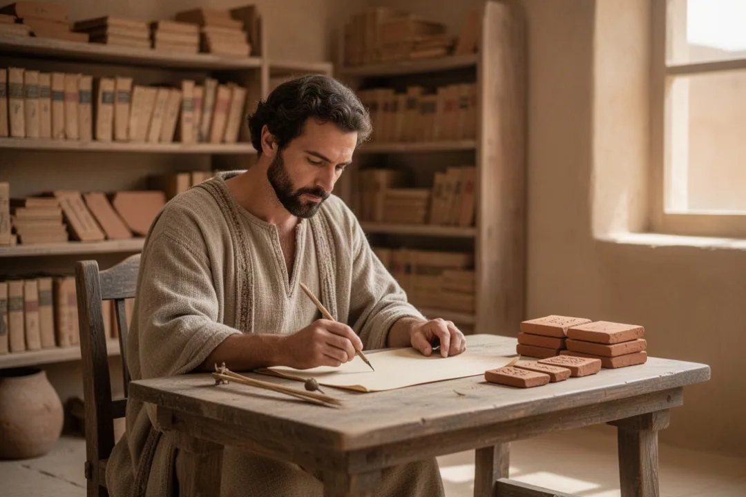 Ancient scribe recording information on clay tablets at a writing desk