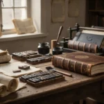 When did the King James Bible come out? Early King James Bible printing workshop with manuscripts and wooden type