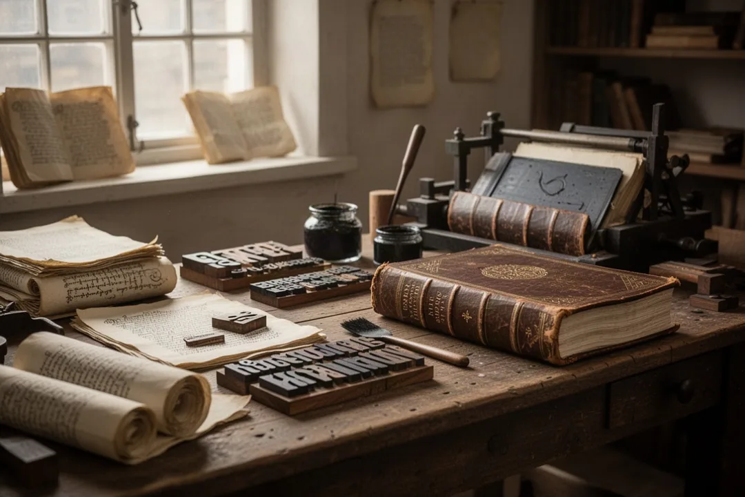 Early King James Bible printing workshop with manuscripts and wooden type