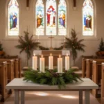 Advent wreath with four candles inside a softly lit church