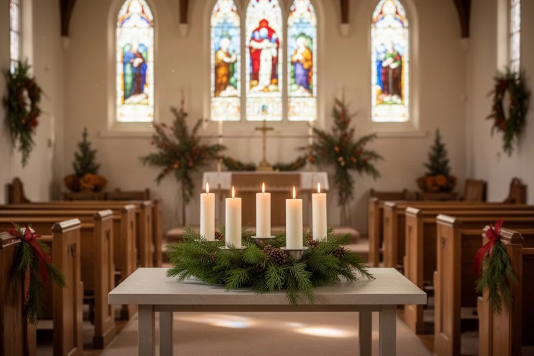 Advent wreath with four candles inside a softly lit church