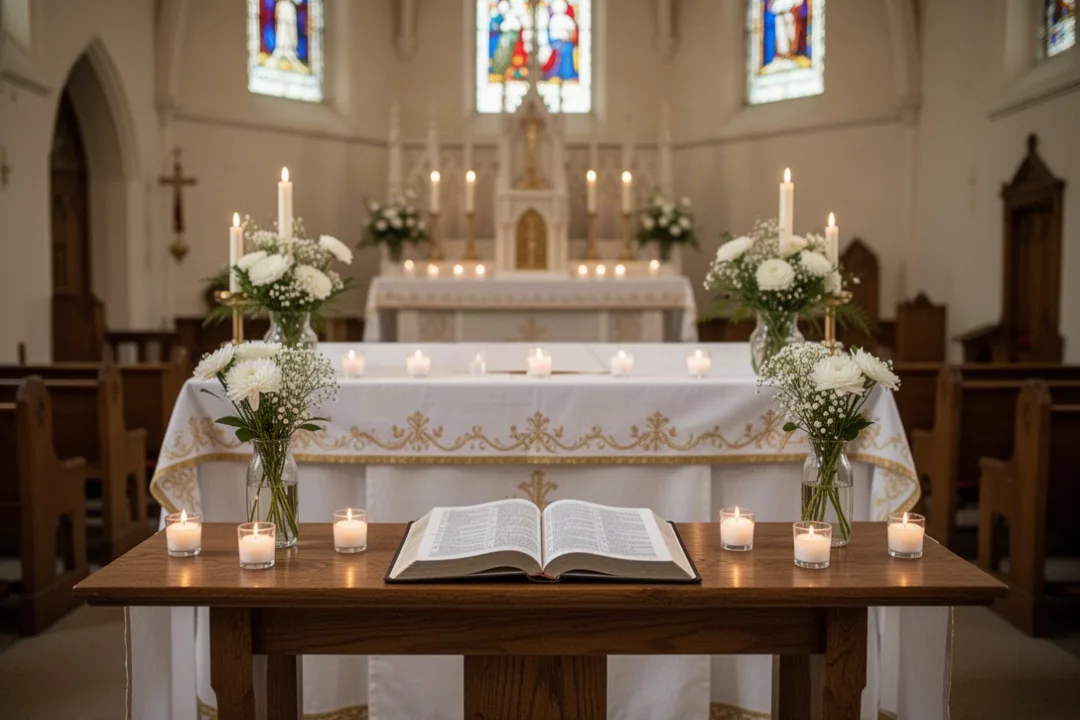 Candlelit church sanctuary prepared for an All Saints Day service