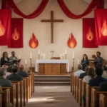 Pentecost worship service with red decorations and diverse congregation