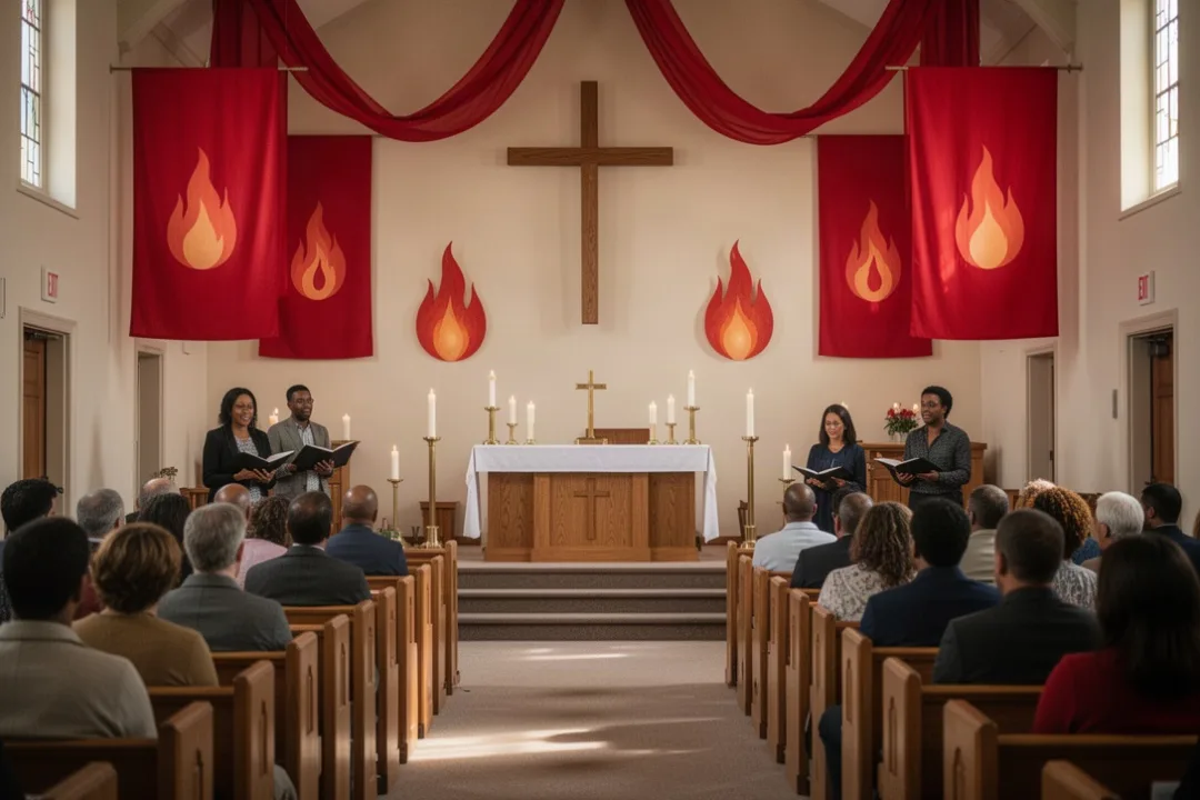 Pentecost worship service with red decorations and diverse congregation