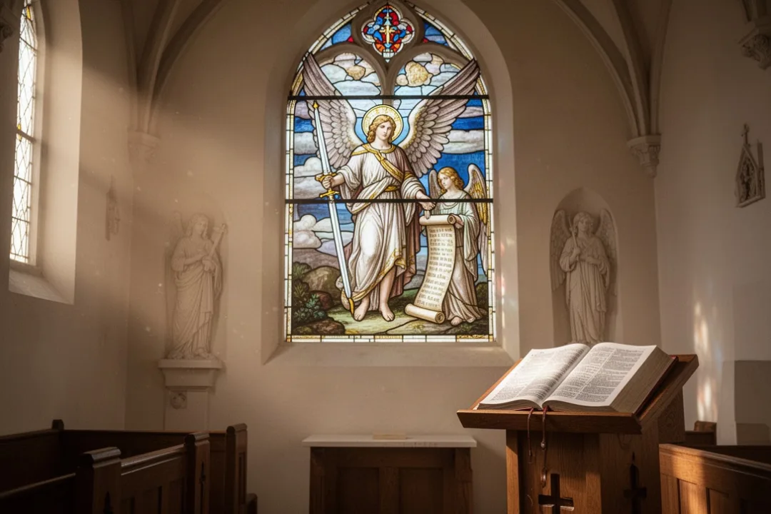 Church interior with symbolic stained-glass archangels and open scripture