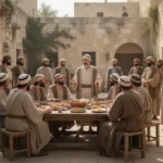 Jewish and Gentile believers sharing fellowship in a first-century courtyard