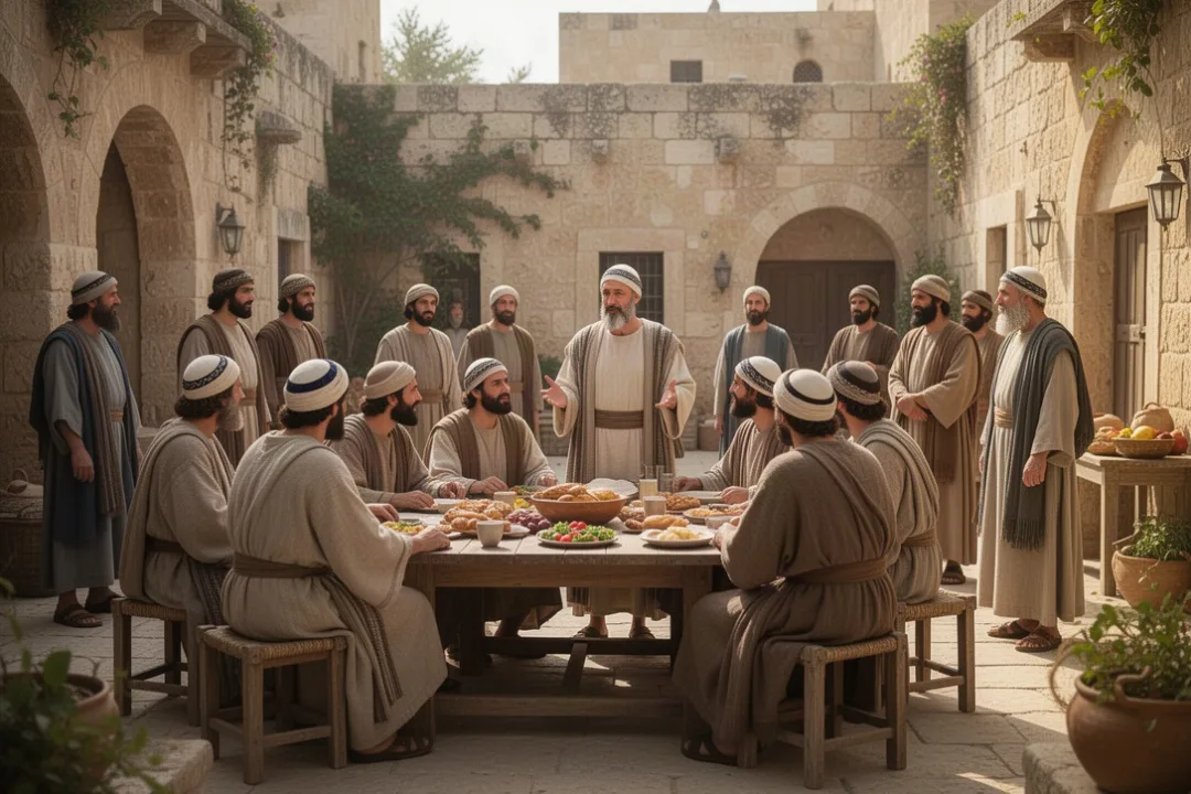Jewish and Gentile believers sharing fellowship in a first-century courtyard