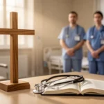 Hospital chapel honoring Saint Luke with medical symbols and caregivers