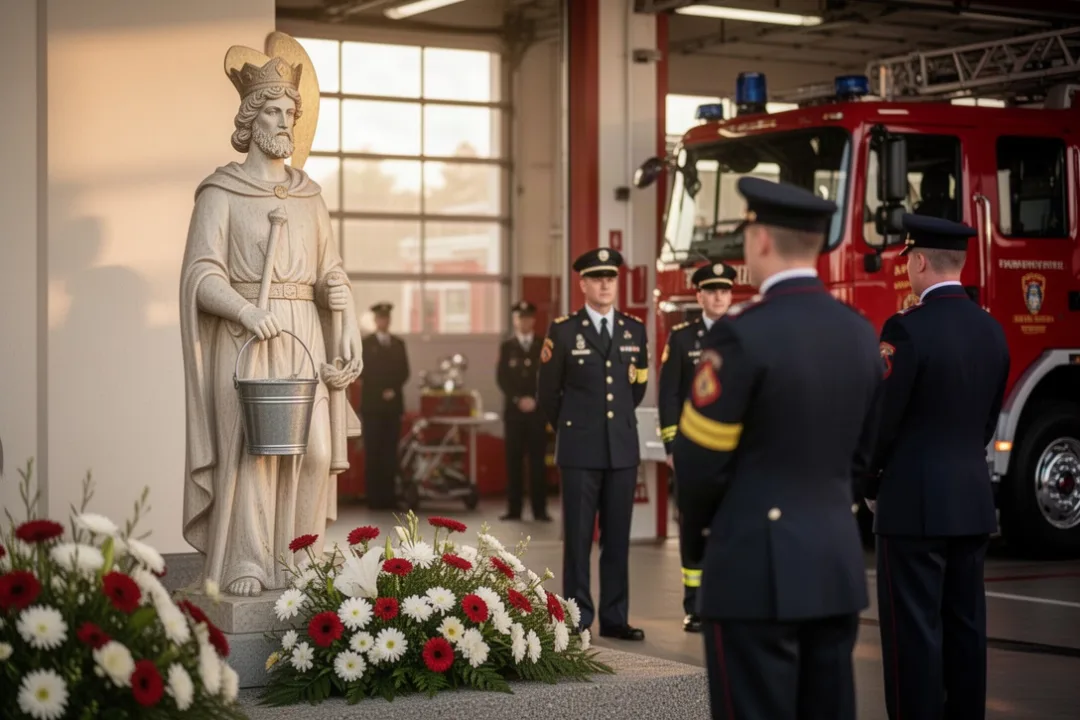 Firefighters honoring Saint Florian beside a station memorial