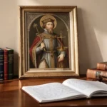 Law office honoring a patron saint with legal books and historical portrait