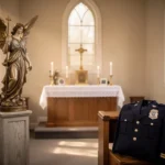 Saint Michael statue in a quiet police chapel beside a uniform