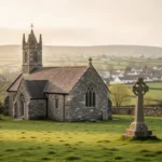Irish countryside and stone church associated with Saint Patrick