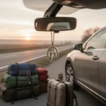 Saint Christopher medal hanging in a car before a journey