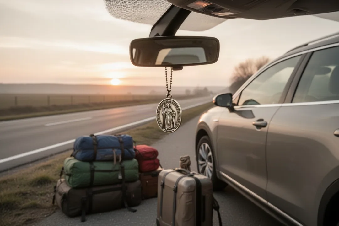 Saint Christopher medal hanging in a car before a journey