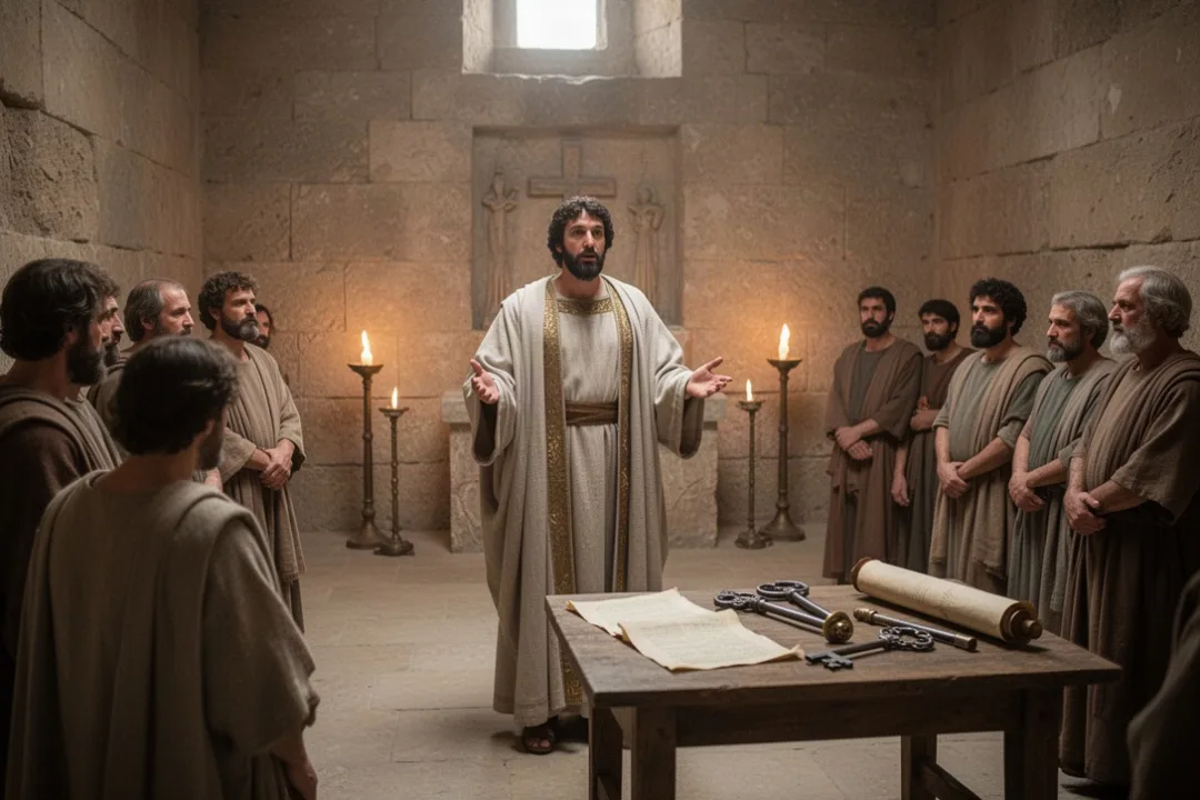 Early Christian leader addressing a Roman house church community
