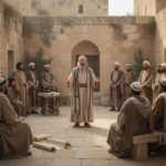 James teaching early Christians in a Jerusalem courtyard