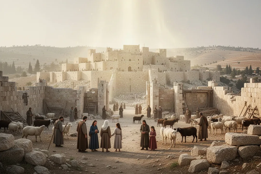 Ancient Jerusalem expanding beyond walls under a warm protective glow