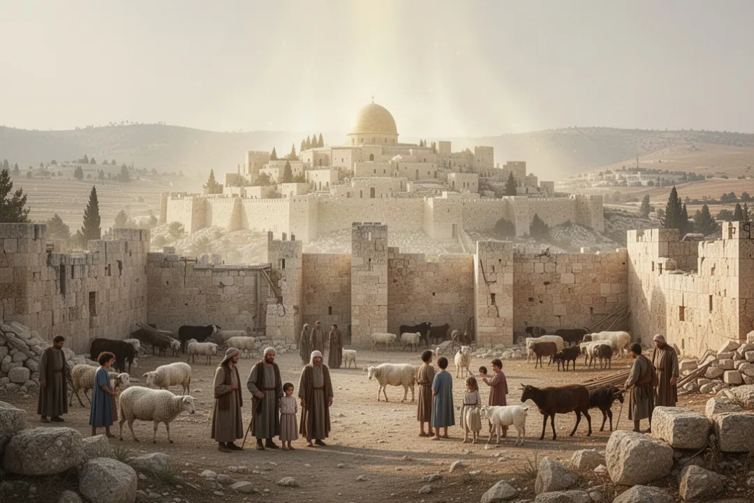 Ancient Jerusalem expanding beyond walls under a warm protective glow