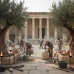 Workers rebuilding Jerusalem’s temple beside glowing oil lamps and olive trees