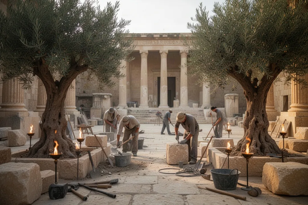 Workers rebuilding Jerusalem’s temple beside glowing oil lamps and olive trees