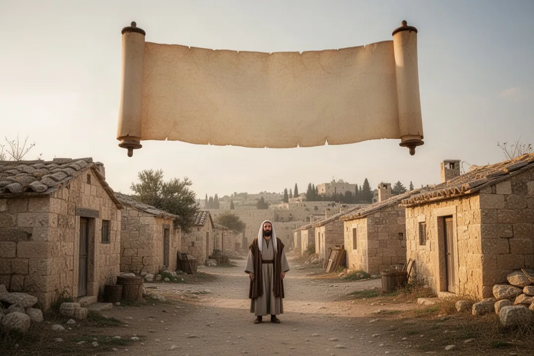 Prophet watching a flying scroll over ancient Jerusalem